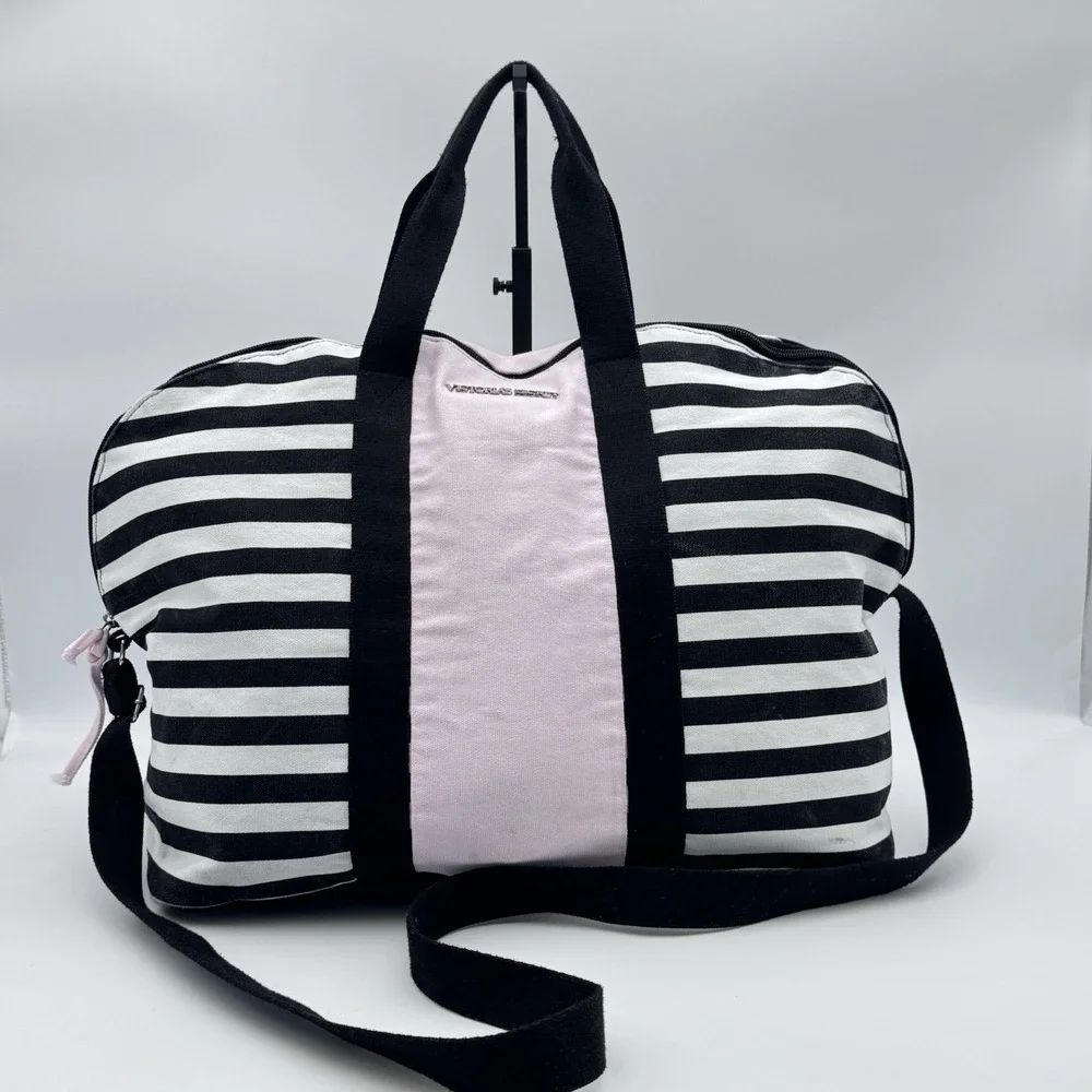 Victorias Secret Overnight Duffle Bag Weekend Tote VS Pink Black Stripe Crossbod